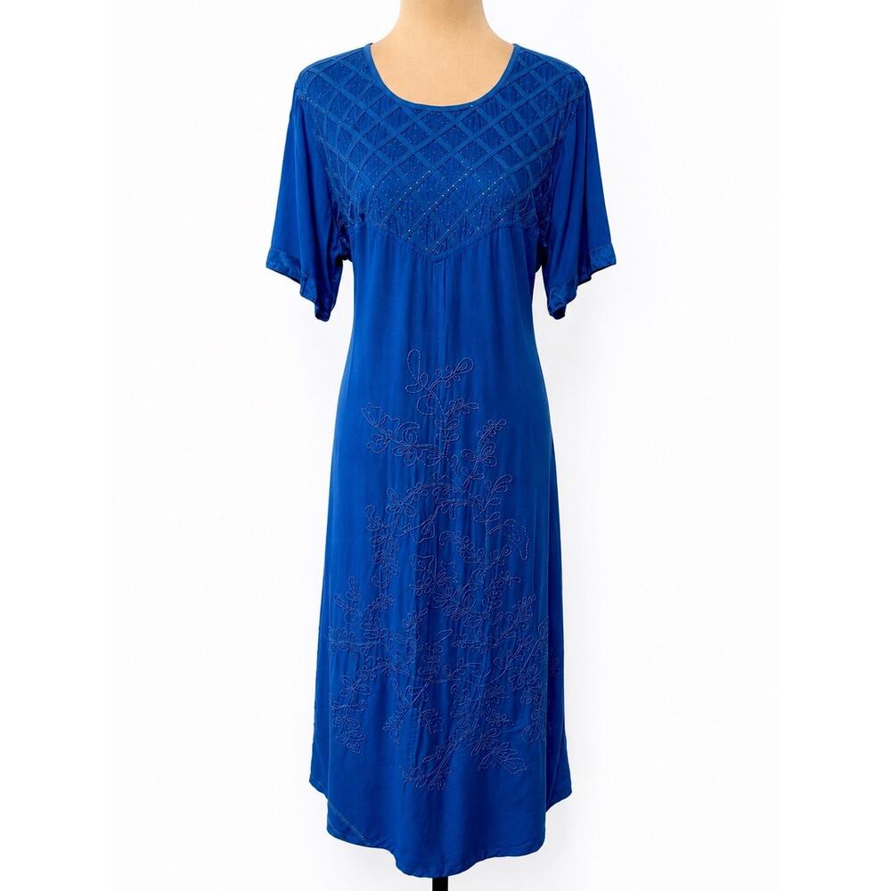 Boho Lagenlook Maxi Dress Large Blue Full Embroidered Front Rayon Tie Back NEW